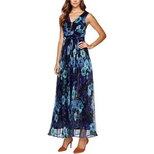R & M RICHARDS Crinkle Pleated Floral Chiffon Maxi Navy/Periwinkle
